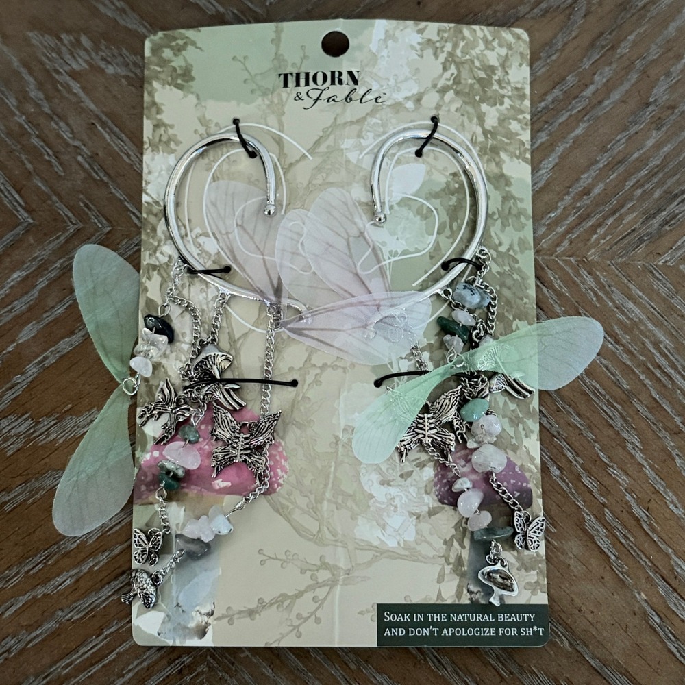 Thorn & Fable Butterfly Wing Stone Ear Cuffs OS Silver Green Fairycore Hot Topic